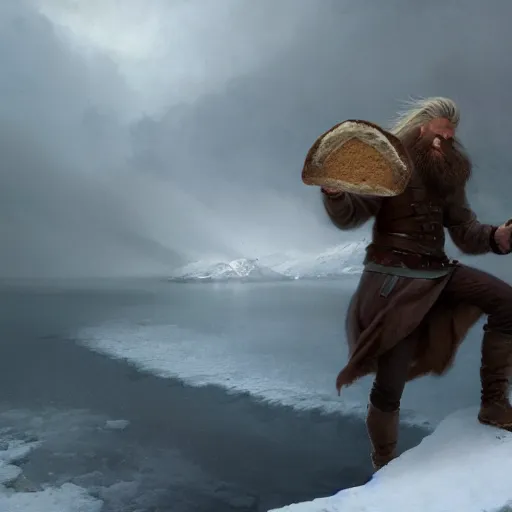 Image similar to epic portrait an male viking eating loaf of bread, winter, blizzardy weather, mountains backround, long blonde beard, snowy hair, broad light, ambient occlusion, volumetric light effect, made by ivan aivazovsky, peter mohrbacher, greg rutkowski, matte painting, trending on artstation, 4 k, perfectly defined features, digital painting,