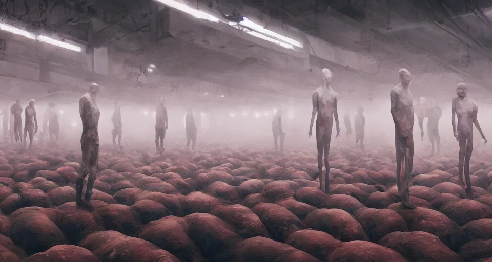 Image similar to illustration of rows of limp human bodies growing like fruit on display in a cold warehouse, refrigerated storage facility, rolling fog, cyberpunk, dystopian, dramatic lighting, unreal engine 5, colorful