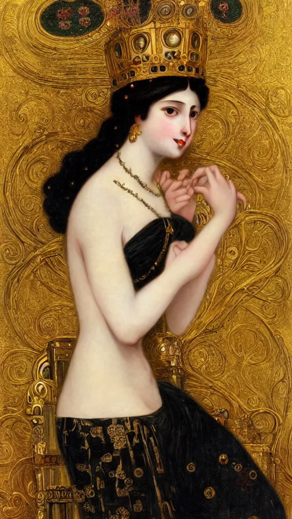 Image similar to painting portrait of a beautiful black haired woman with pale skin and a crown on her head sitted on an intricate metal throne, intricate, elegant, digital painting, smooth, sharp focus, shiny gold, realistic gold, realistic metal, by william - adolphe bouguereau and gustav klimt,