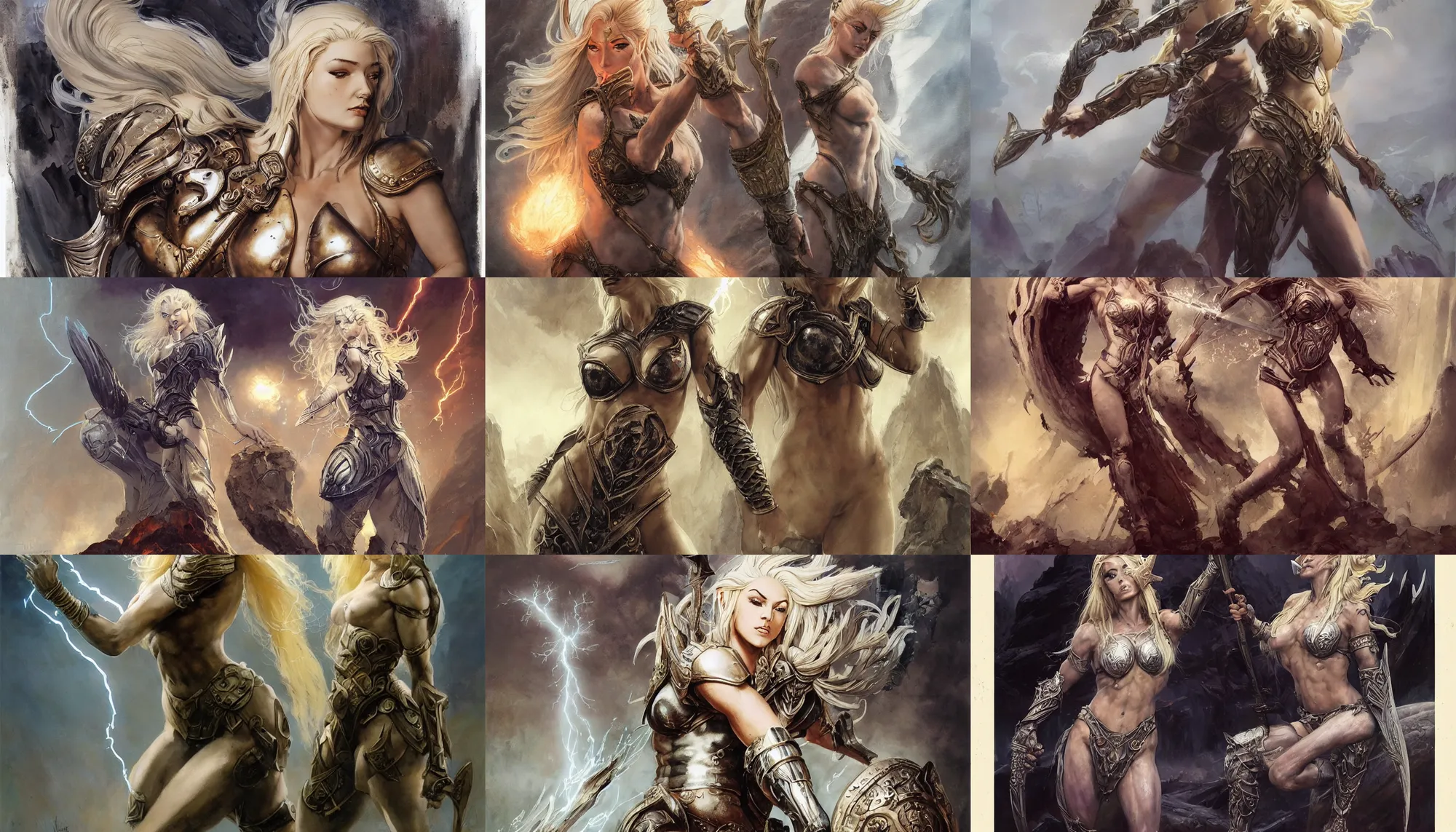 Image similar to A mixed media painting of the beautiful blonde goddess of war infused with lightning, very aesthetic, curvy, detailed face, elven armor, by Frank Frazetta, Greg Rutkowski, Boris Vallejo, Beeple, Yoko Taro, Christian MacNevin, epic fantasy character art, goddess of anger, viking runes, high fantasy, CGsociety, full length, exquisite detail, post-processing, masterpiece, cinematic, odin's stone arena background