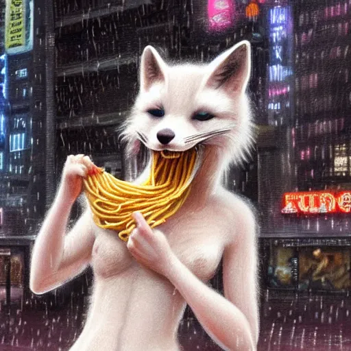 Image similar to white - furred anthropomorphic female vulpes vulpes fulva, eating noodles, in the rain by a noodle kiosk, in crowded and wet street of a city, cyberpunk, harsh neon lights, highly detailed, digital painting, trending on artstation, concept art, sharp focus, illustration, art by artgerm and greg rutkowski and magali villeneuve