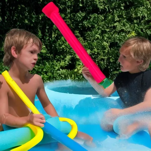 Prompt: ob - wan and anakin fighting with pool noodles in a kiddie pool