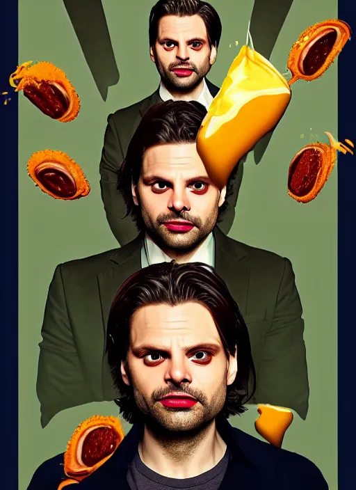 Image similar to highly detailed comedy caper movie poster with flan pudding faced sebastian stan as a sentient flan pudding, sebastian stan face made from flan pudding by greg rutkowski, masterpiece, 1 0 / 1 0