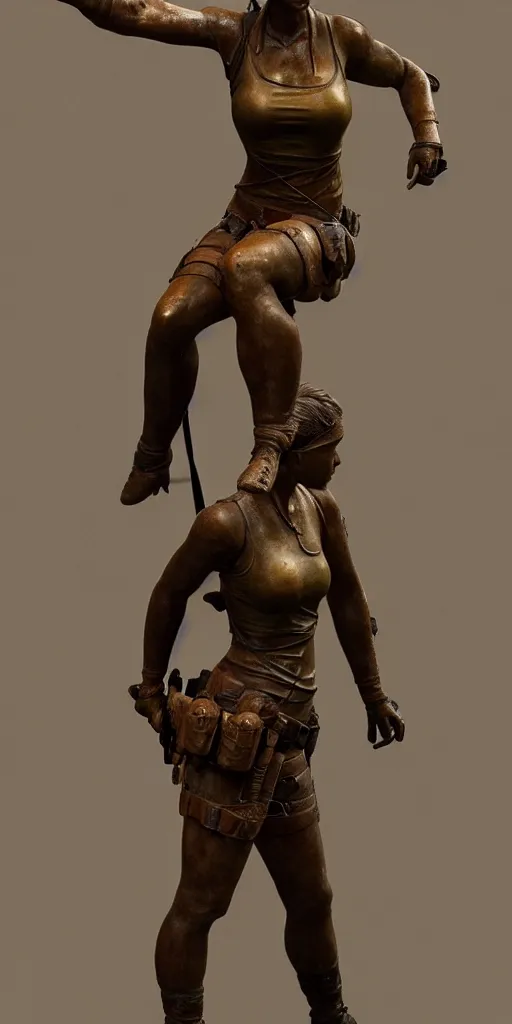 Prompt: detailed photo of an old bronze patina statue of a beautiful lara croft posing for a full body portrait, photorealismintricate detail, museum diffuse lighting