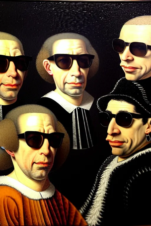 Prompt: high quality celebrity portrait of beastie boys wear king sunglasses painted by the old dutch masters, rembrandt, hieronymous bosch, frans hals, symmetrical detail