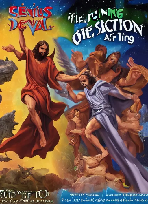 Image similar to Jesus vs the Devil in the flying sandals of salvation action figures toy pack