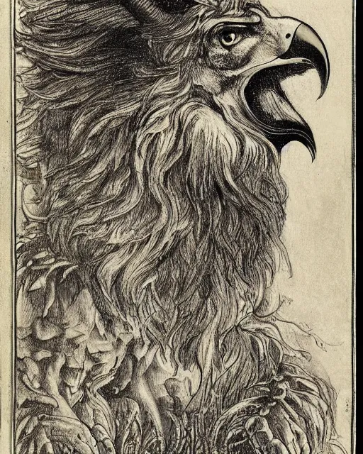 Image similar to a creature with the body and eyes of a man, with the beak of an eagle, the mane of a lion, and the horns of an ox. drawn by francis bacon