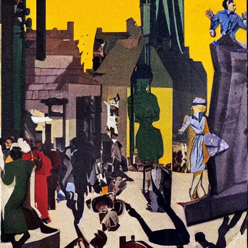 Image similar to 1950 magazine cut out collage of Cristopher Street day, Jugendstil, painted by Neo Rauch,