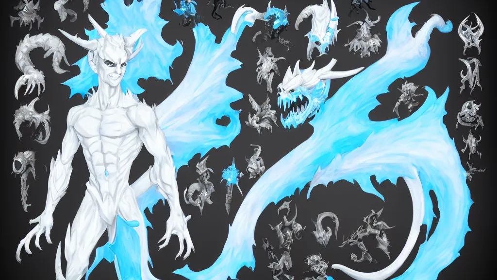 Image similar to a fantasy white and pale blue draconian demon with bright eyes character design sheet, trending on artstation