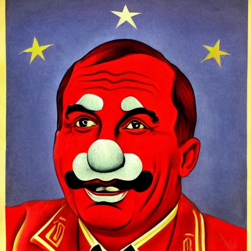 Image similar to communist clown portrait, soviet propaganda style, poster, putin