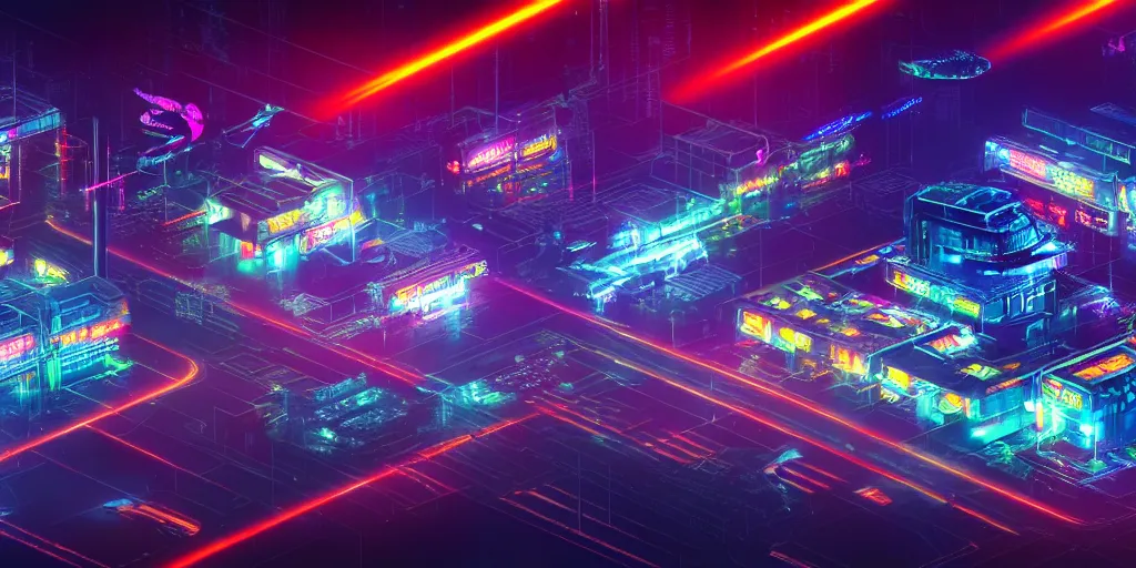 Prompt: isometric room of alien factory exploding at night in the center of a futuristic sci-fi asian city, signboards, neon lights, blade runner color palette, dramatic volumetric lighting, greeble details, rendered in octane render by Yasunari Ikenaga, Yamato, Macross
