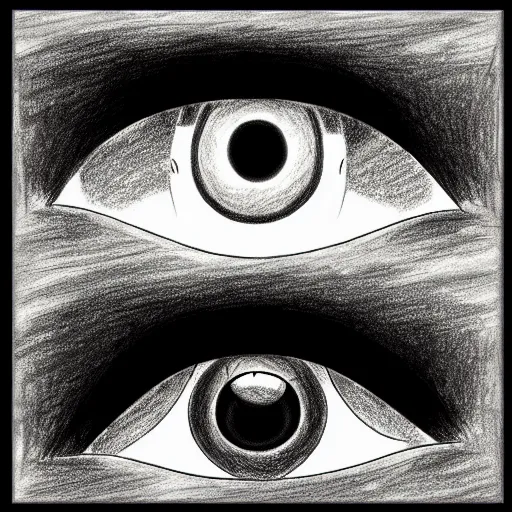 Image similar to a drawing of three realistic eyes floating over a mountain, black and white, vintage poster, film grain