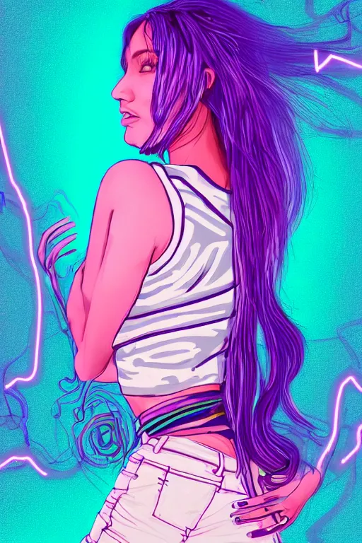 Image similar to a award winning half body portrait of a beautiful woman with stunning eyes in a croptop and cargo pants with ombre purple pink teal hairstyle and hands in pockets by thomas danthony, surrounded by whirling illuminated lines, outrun, vaporware, shaded flat illustration, digital art, trending on artstation, highly detailed, fine detail, intricate