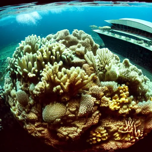 Image similar to the sydney opera house, underwater shot. coral reef. award-winning photography