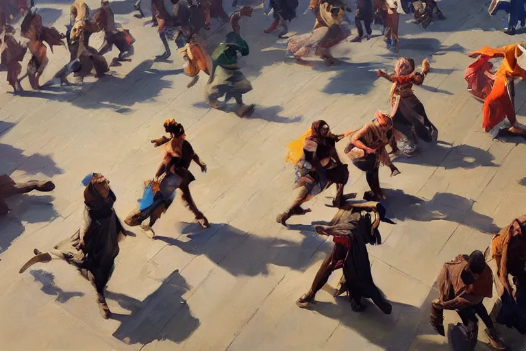 Image similar to greg manchess painting of people dressed in rags tripping over each other in an arena, profile picture, organic painting, sunny day, matte painting, bold shapes, hard edges, street art, trending on artstation, by huang guangjian, gil elvgren, ruan jia, randy vargas, greg rutkowski