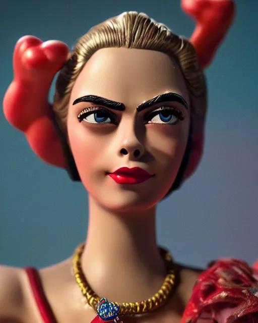 Image similar to highly detailed closeup, face profile portrait of a tin toy retro 1 9 5 0 s cara delevingne, bikini, depth of field, zeiss lens, fashion photoshoot by max fleischer, breathtaking, detailed and intricate environment, 8 k resolution, extremely detailed, beautiful, establishing shot, artistic, hyperrealistic, octane render