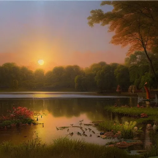 Prompt: a painting of a duck pond at sunset, surrounded by flower bushes, a detailed matte painting by Robert S. Duncanson, deviantart, hudson river school, terragen, trending on artstation