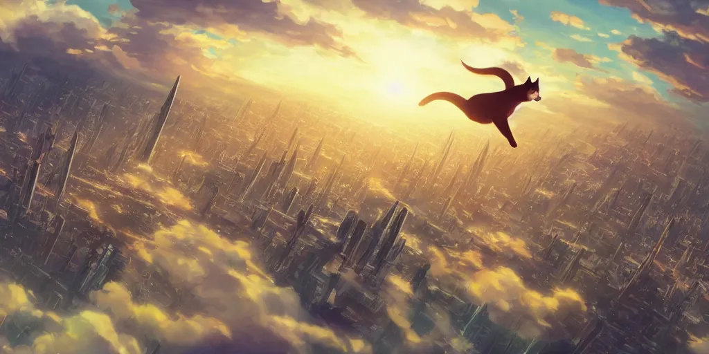 Image similar to a beautiful scene of a cat flying through the air over a sprawling city, concept art, studio ghibli, style of makoto shinkai and alphonse mucha, 4 k wallpaper