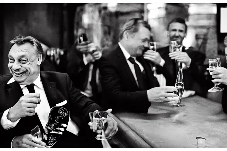 Image similar to viktor orban drinking champagne smoking cigar laughing hard by peter lindbergh