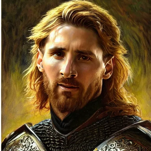 Image similar to attractive lionel messi as attractive king arthur pendragon, natural lighting, high quality, very detailed painting, by gaston bussiere, donato giancola, j. c. leyendecker