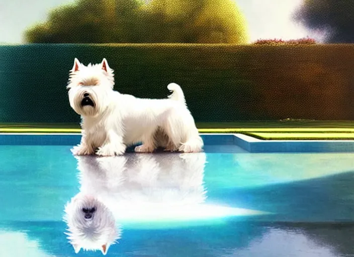 Prompt: west highland white terrier sitting by a pool, bright, reflections, intricate, sharp focus, lens flare, bloom, illustration, highly detailed, digital painting, concept art, matte, art by ruan jia and wlop and greg rutkowski, masterpiece