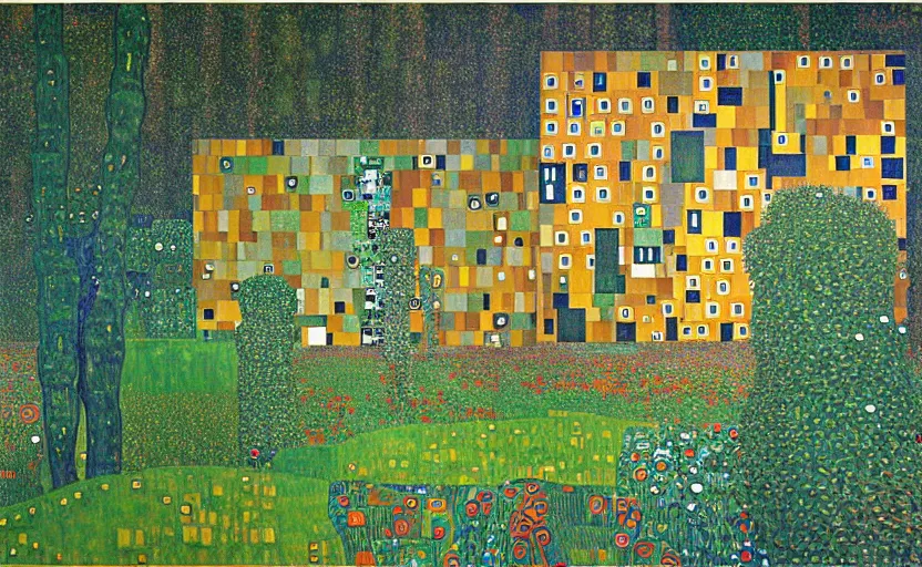 Image similar to geometric painting of industrial buildings surrounded by undergrowth by gustav klimt