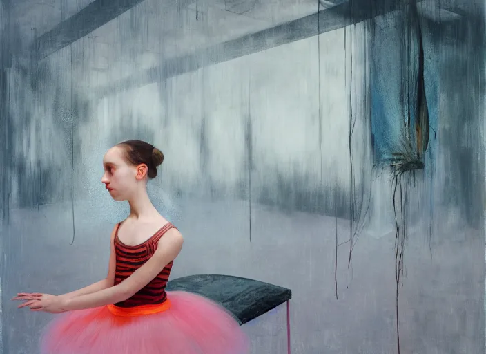 Image similar to portrait of nervous young girl ballerina focusing in a dance hall by beeple and hernan bas and francis bacon and pat steir and hilma af klint, psychological, photorealistic, symmetrical face, dripping paint, washy brush, matte painting, rendered in octane, altermodern, masterpiece