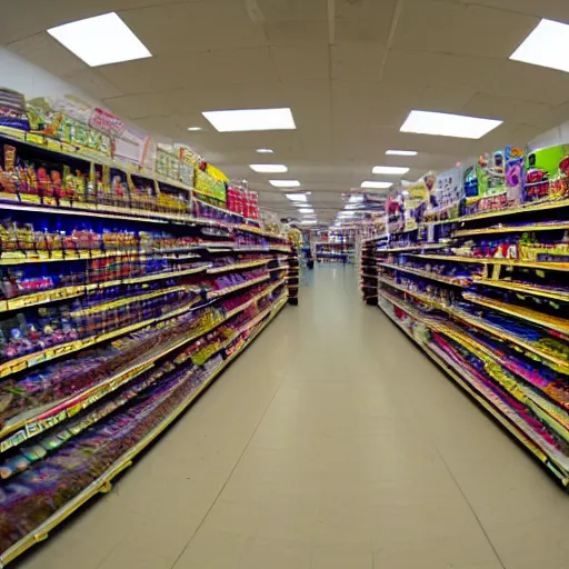 Image similar to supermarket aisles, shoppers, fisheye lens, color, fluorescent lighting,