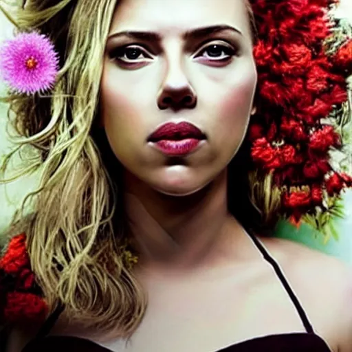 Image similar to Scarlett Johansson portrait with face made of wild flowers