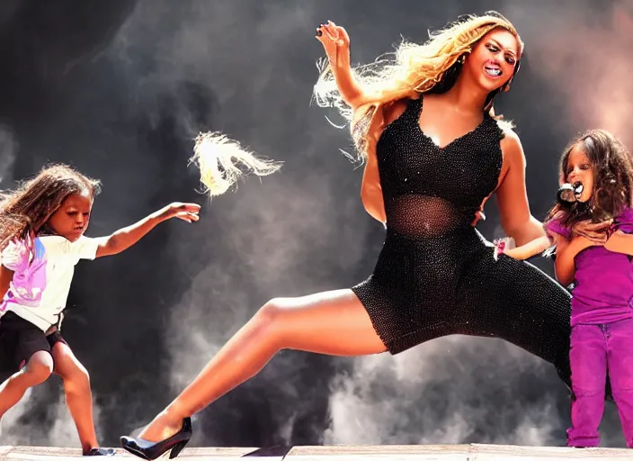 Prompt: a photograph of Beyonce tearing a child in half