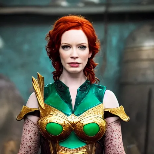 Image similar to long shot photo of Christina Hendricks as a warrior with malachite armour