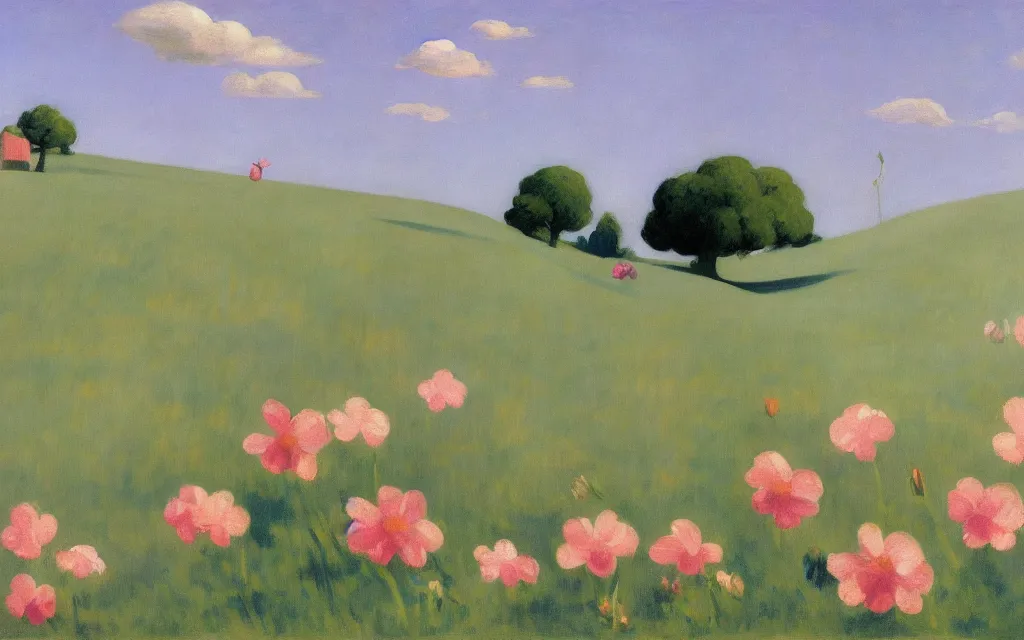 Image similar to a gray donkey on a pink flower meadow, blue sky, sun, high quality, edward hopper