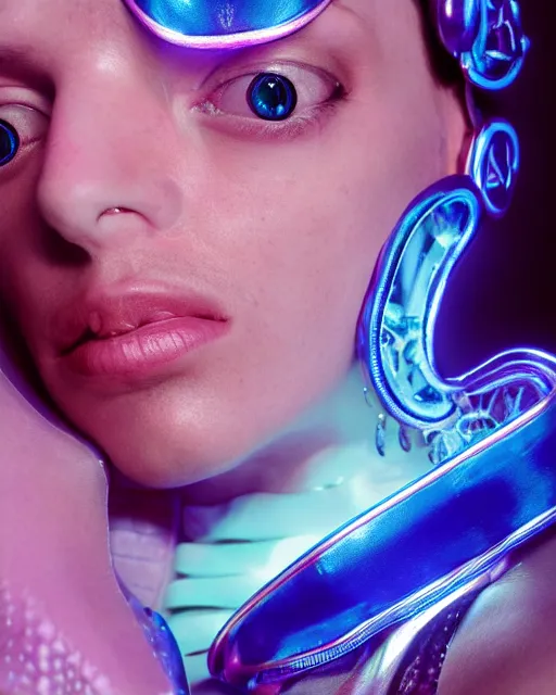 Image similar to natural light, soft focus portrait of a cyberpunk anthropomorphic snail with soft synthetic pink skin, blue bioluminescent plastics, smooth shiny metal, elaborate ornate head piece, piercings, skin textures, by annie leibovitz, paul lehr