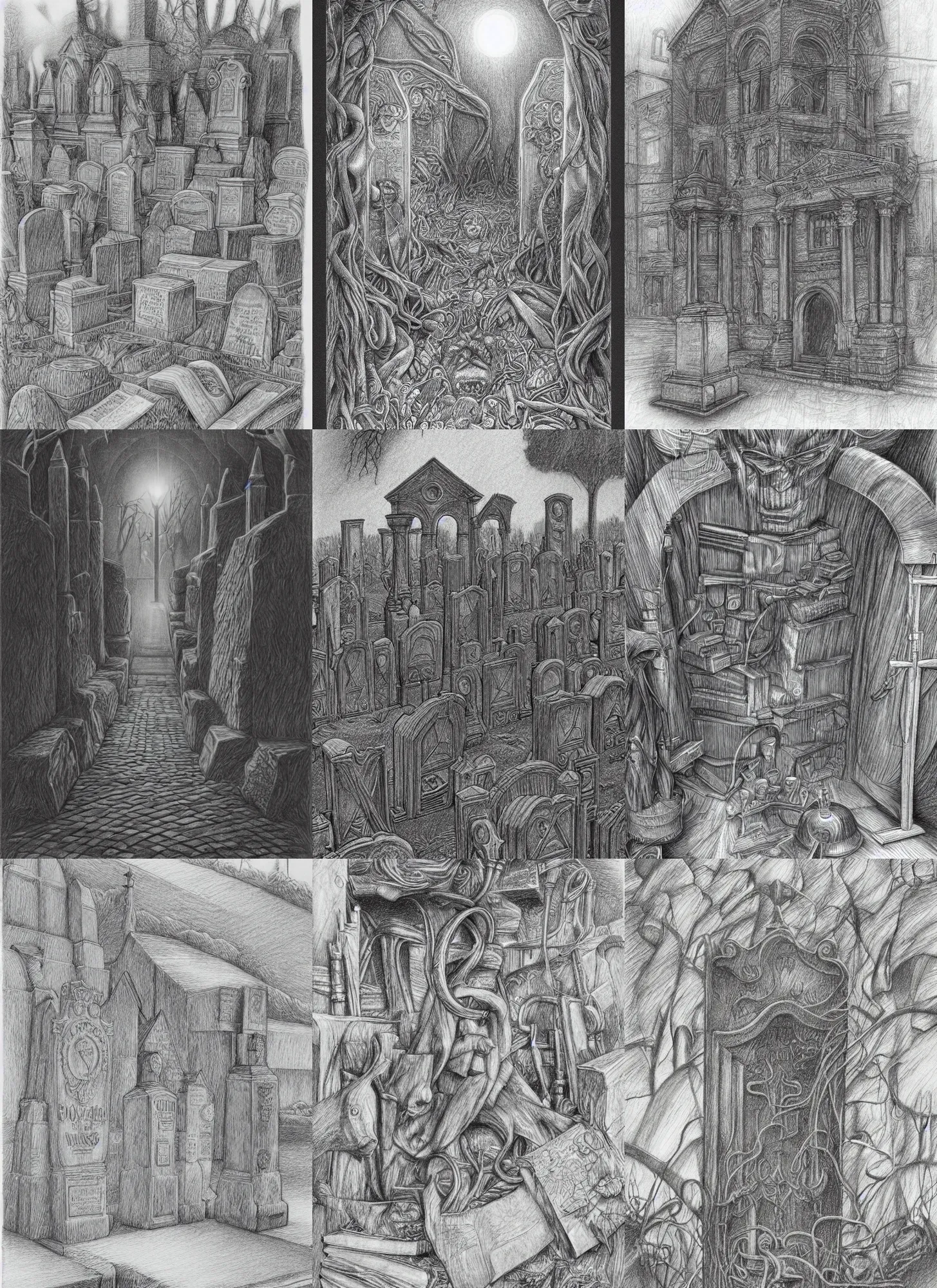 Prompt: book cover hyperdetailed pencil drawing, sounds in the graveyard