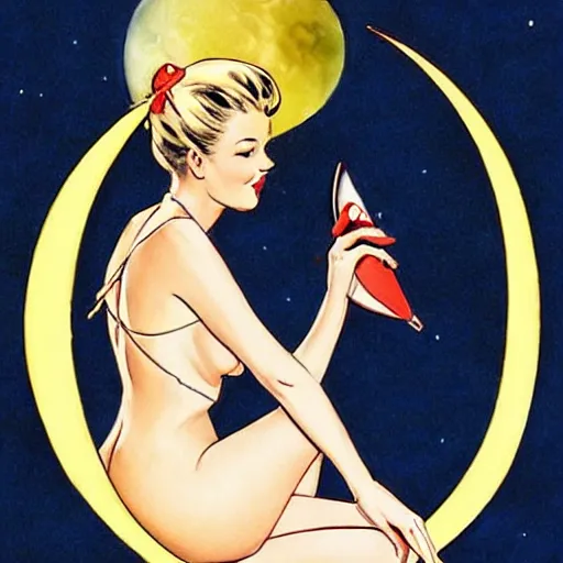 Prompt: a pin up sitting on a stylized crescent moon, by milo manara