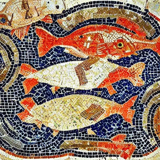 Prompt: roman mosaic of fish from pompeiian villa