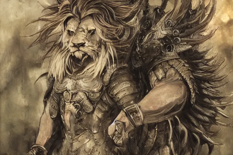 Image similar to 8k Yoshitaka Amano painting of upper body of a young cool looking lion beast-man at a medieval market at windy day. White mane, Depth of field. He is wearing complex fantasy armors. He has huge paws. Renaissance style lighting.