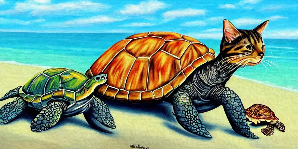 Image similar to painting of a cat on the beach playing with a turtle in the ocean