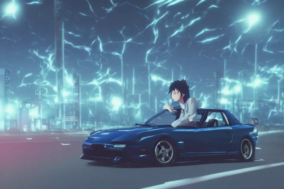 Prompt: aesthetic illustration of ryosuke takahashi with black hair wearing a dark blue shirt standing near white mazda rx 7 on an empty highway at dusk, cinematic lighting, initial d anime 1 0 8 0 p, detailed anime face, high detail, 9 0 s anime aesthetic, volumetric lights, unreal engine 5 render, pinterest wallpaper, trending on artstation