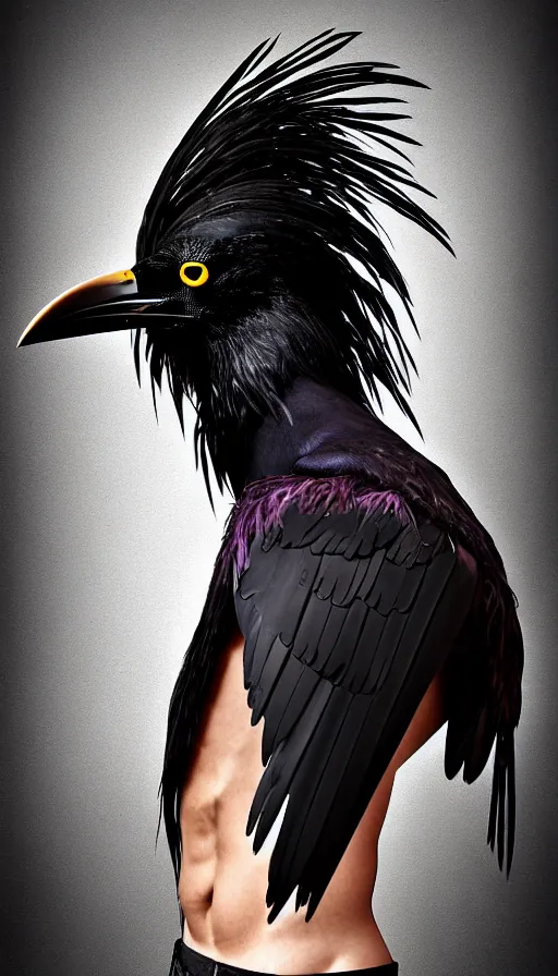 Prompt: epic professional digital portrait art of a human - crow hybrid creature, crow head, crow beak, feathered humanoid torso by bill hillier