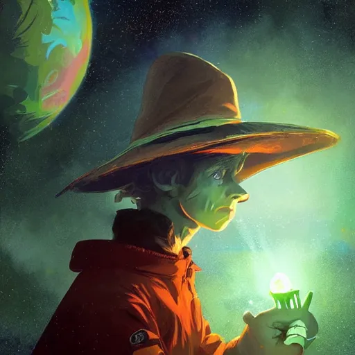 Image similar to snufkin in space, galaxy, elite dangerous, digital illustration portrait design, by android jones and greg rutkowski, retrowave color scheme, detailed, cinematic lighting, wide angle action dynamic portrait