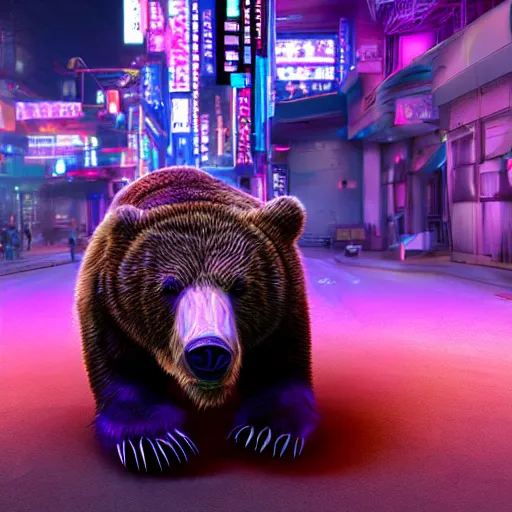 Image similar to cyborg grizzly bear with part of head replaced with metal and eye replaced with bright purple light on the streets of neo tokyo, 4k award winning render, realistic, neon, dark, gritty