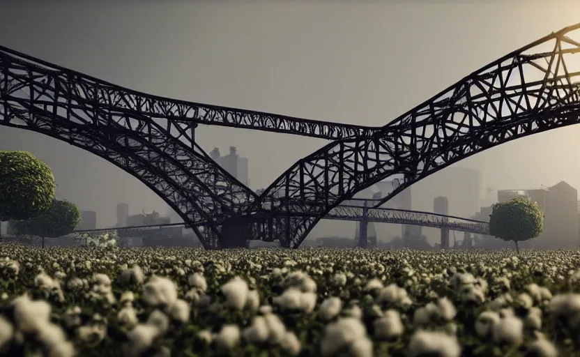 Image similar to explosions in the form of realistic cotton plants cover harbour bridge, huge cotton plants everywhere, smooth, sharp focus, highly detailed, 3 d octane render, epic lighting, dark atmosphere, lots of cotton plants, 8 k, by goro fujita