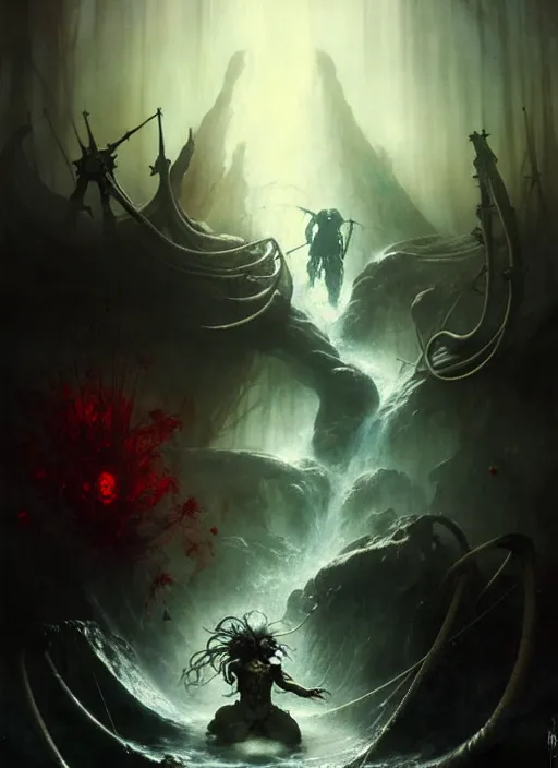 Image similar to shackled in styx river of the underworld, frank frank frazetta and cgsociety, stunning sasquatch, blood splatters, charlie bowater and tom bagshaw, insanely detailed, deviantart, space art, atoms surrounded by skulls, death, and spirits flying, water fall, horror, sci - fi, surrealist painting, by peter mohrbacher