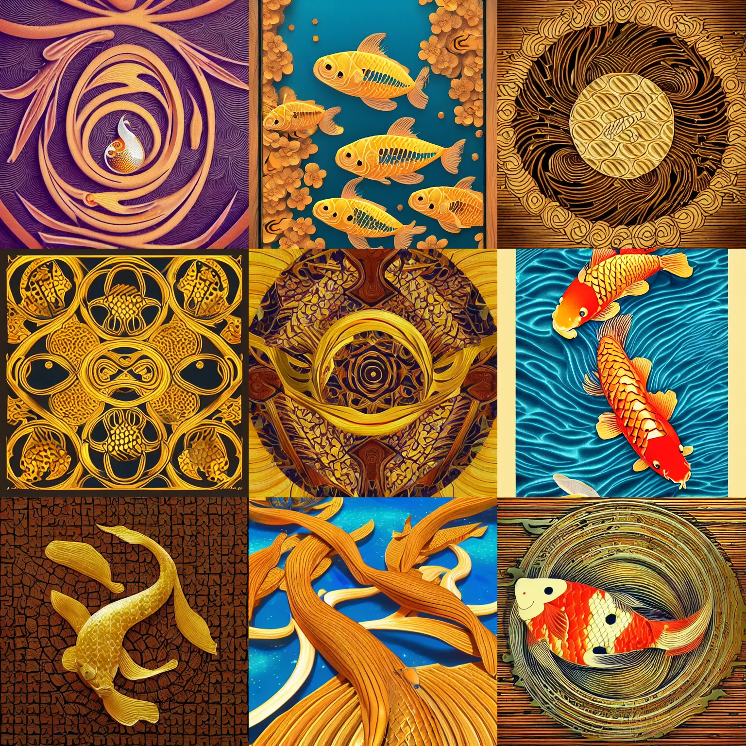 Prompt: koi fishes, fibonacci, golden ratio, sacred numbers, gold details, by audrey kawasaki, by loish, barbbara cannepa global illumination, cool colors, wood texture on top, unreal engine, octane renderer