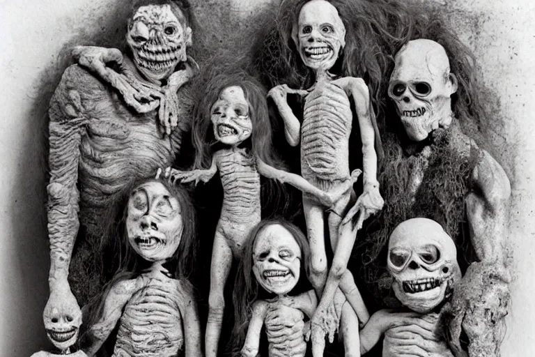 Image similar to studio portrait of a happy creepy mud clay family by bob bottin, horror grotesque, realistic detailed photography 1 9 7 0's