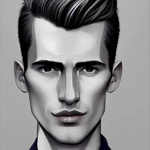 Image similar to tall man in his twenties with brown blond short quiff hair and thin slightly round facial structure with cleft chin, straight eyebrows and prominent nose and shadow of beard, good definition of cheekbones, big hazel nut brown eyes, narrow face, slim body, atmospheric lighting, painted, intricate, 4 k, highly detailed by charlie bowater