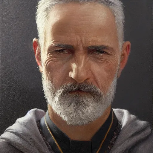 Prompt: An oil painting of a man dressed in priest robes, 50 years old, short grey hair, trimmed beard, sharp facial features, beautiful, highly detailed, by Cédric Peyravernay, by greg rudkowski, trending on artstation