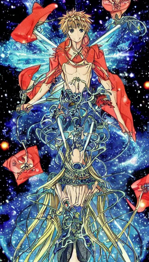 Image similar to anime tarot card based on the card Judgement, drawn by hideaki anno, beautiful lines, cosmic, psychedelic, detailed, clean