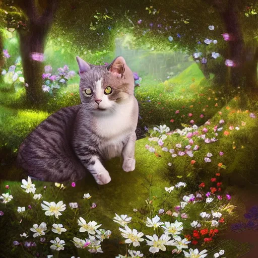 Image similar to photo of a cat in the blossoming garden, cat and flower, trending on artstation, super detailed, everything in a beautiful light, stylishly designed background, fantasy art, photoshop